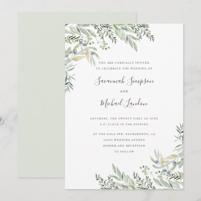 Painted Olive and leaves watercolor wedding Invitation (Front/Back)