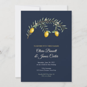 Painted Olive and Lemon Branch Navy Wedding Invite