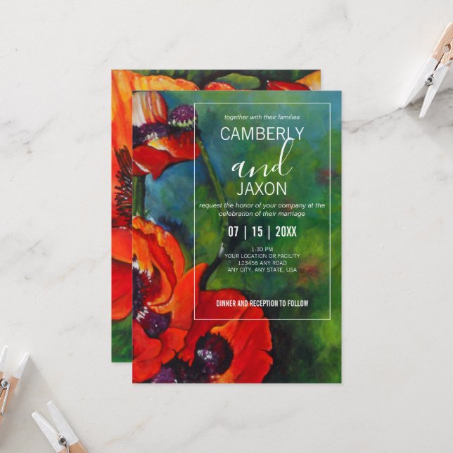 Painted Orange Poppies Wedding Invitation (Front/Back In Situ)
