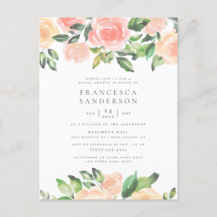 Painted Peach Roses   Modern Elegant Bridal Shower Invitation Postcard