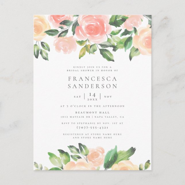Painted Peach Roses | Modern Elegant Bridal Shower Invitation Postcard (Front)