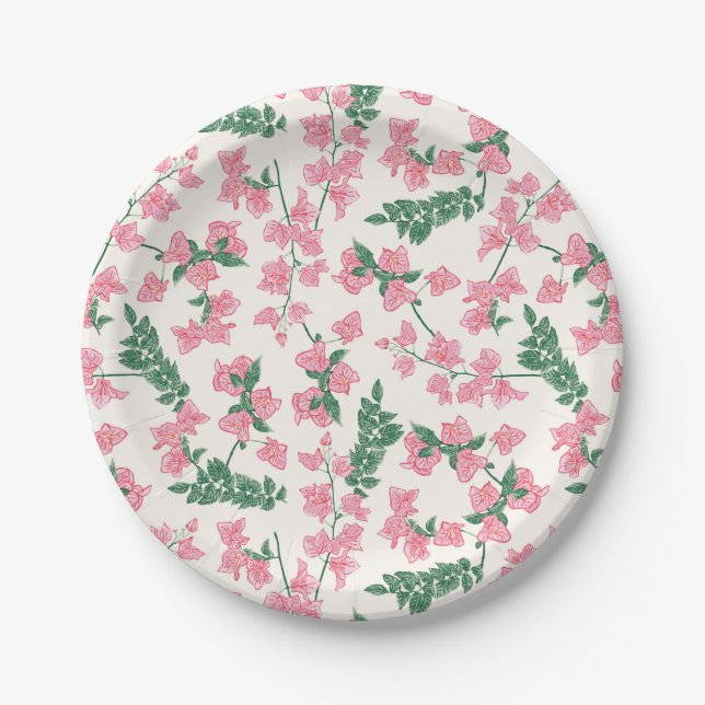 Painted Pink and Green Coastal Florals Paper Plate (Front)