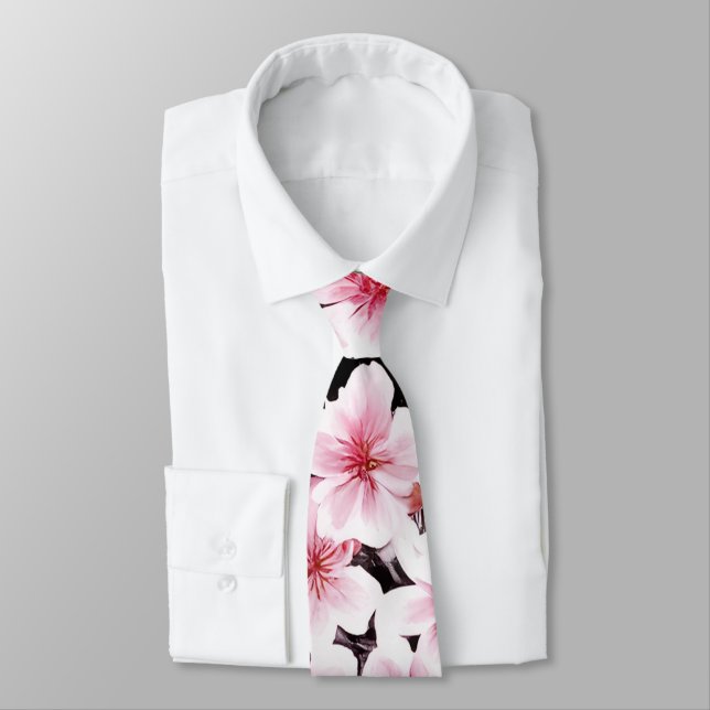 Painted Pink & Black Cherry Blossoms Pattern Tie (Tied)