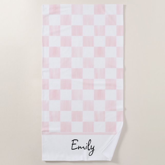 Painted Pink Checkerboard Pattern Personalized Beach Towel (Front)
