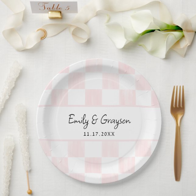 Painted Pink Checkerboard Pattern Wedding Paper Plate (Wedding)