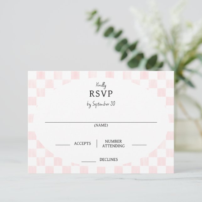 Painted Pink Checkerboard Pattern Wedding RSVP Card (Standing Front)