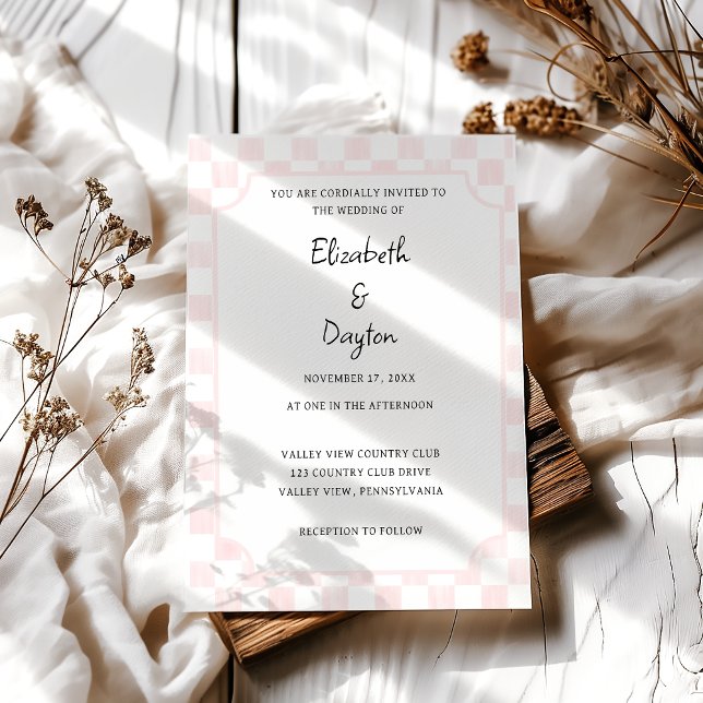 Painted Pink Chequerboard Pattern Wedding Invitation (Creator Uploaded)