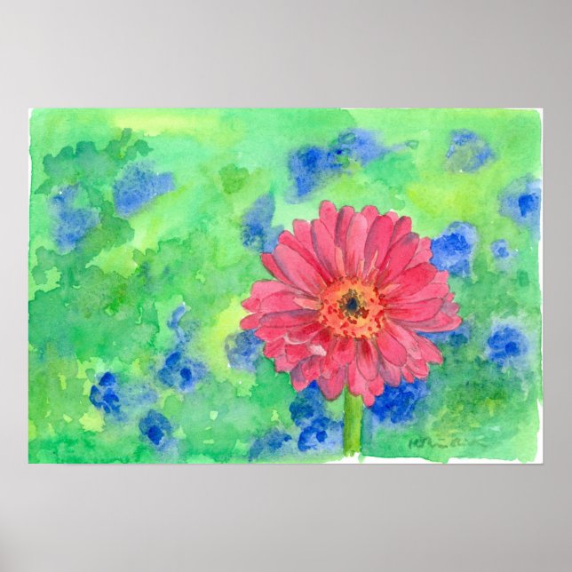 Painted Pink Gerbera Daisy Watercolor Art Poster (Front)