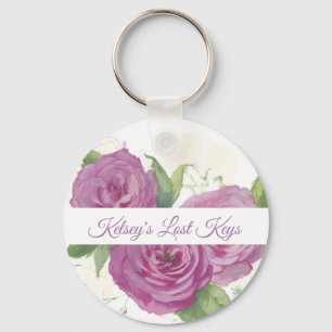Painted pink, mauve roses on cream personalizable key ring