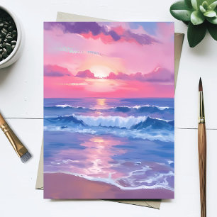 Painted Pink Ocean   Coastal Watercolor Pastel Postcard