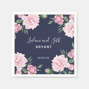 Painted Pink Peony Floral Navy   Wedding Napkins