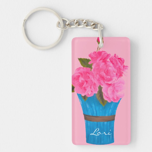 Painted Pink Roses-Acrylic Rectangular Keychain (Front)