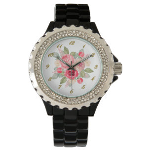 Painted Pink Roses Bouquet Gold Numbers Watch