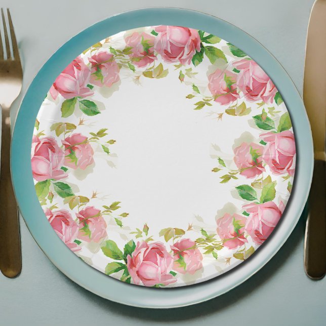 Painted Pink Roses in Vintage style Paper Plate (Creator Uploaded)