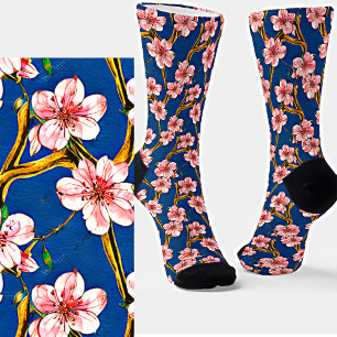 Painted Pink Tree Blossoms on Branch in Blue Sky   Socks