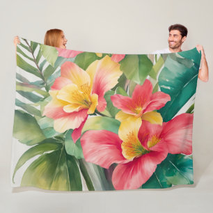 Painted Pink Yellow Tropical Flowers and Foliage Fleece Blanket