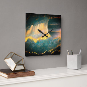 Painted Planet Sky Art by Heva Weva Green and Gold Square Wall Clock