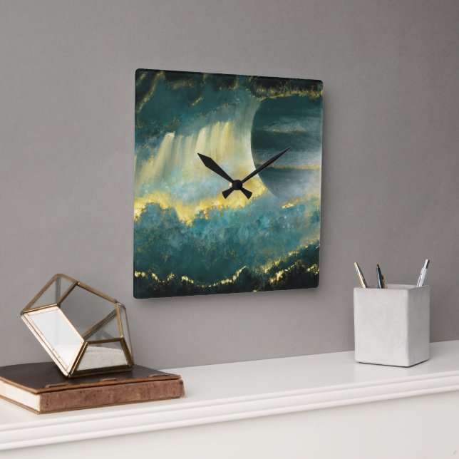 Painted Planet Sky Art by Heva Weva Green and Gold Square Wall Clock (Office)