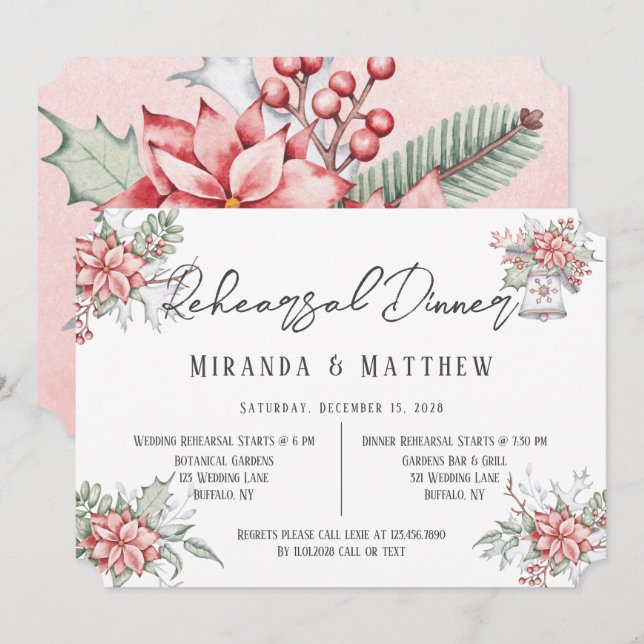 Painted Poinsettia Wedding Rehearsal Dinner Invitation (Front/Back)