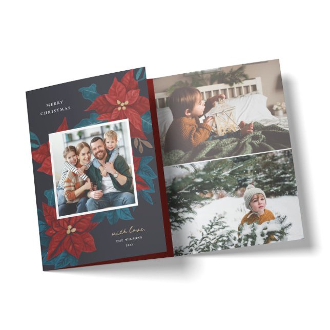 Painted Poinsettias Christmas Photo Tri-Fold Holiday Card (Creator Uploaded)
