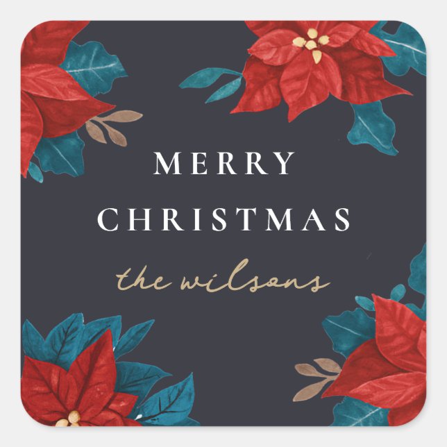 Painted Poinsettias Christmas Square Sticker (Front)