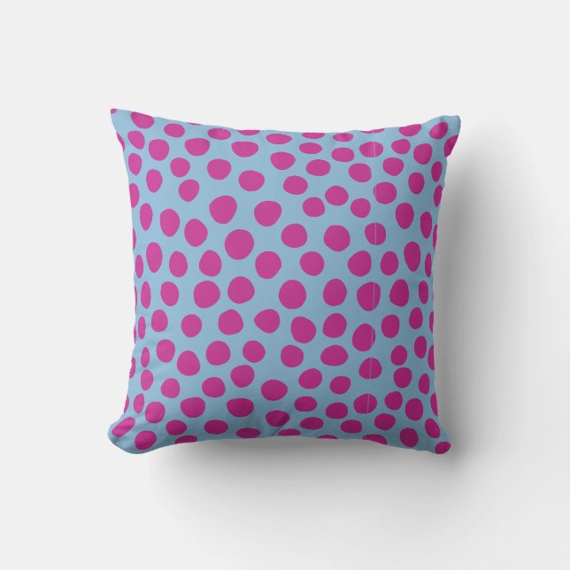 Painted Polka Dots Light Blue Fuchsia Pink Cushion (Front)