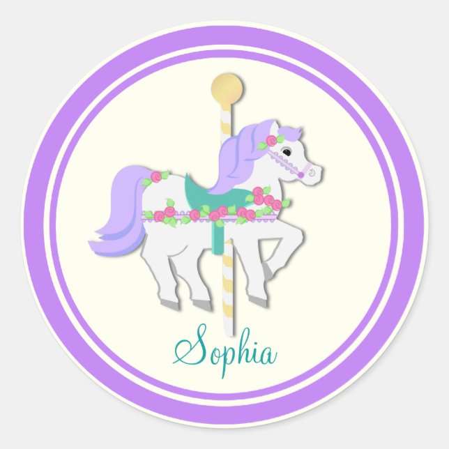Painted Pony Purple and Roses Carousel Classic Round Sticker (Front)