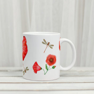 Painted Poppies & Dragonflies Large Coffee Mug
