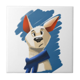 painted portrait of a dog on blue background tile
