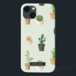 Painted Pots with Succulents and Cacti Pattern iPhone 13 Case<br><div class="desc">Cute and modern iPad mini case featuring cacti and succulents in painted hearts pots with a mint background. This personalised case will be perfect as a gift. Similar designs are available.</div>