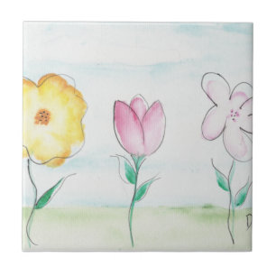 Painted Primitive Flowers Tile