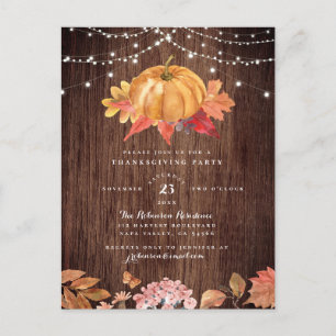 Painted Pumpkin & String Lights Thanksgiving Party Invitation Postcard