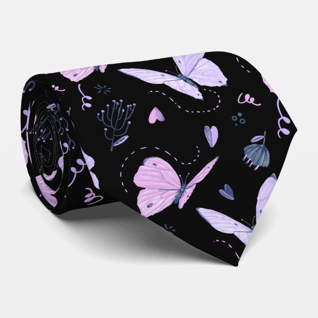 Painted purple Butterflies on night background Tie (Rolled)