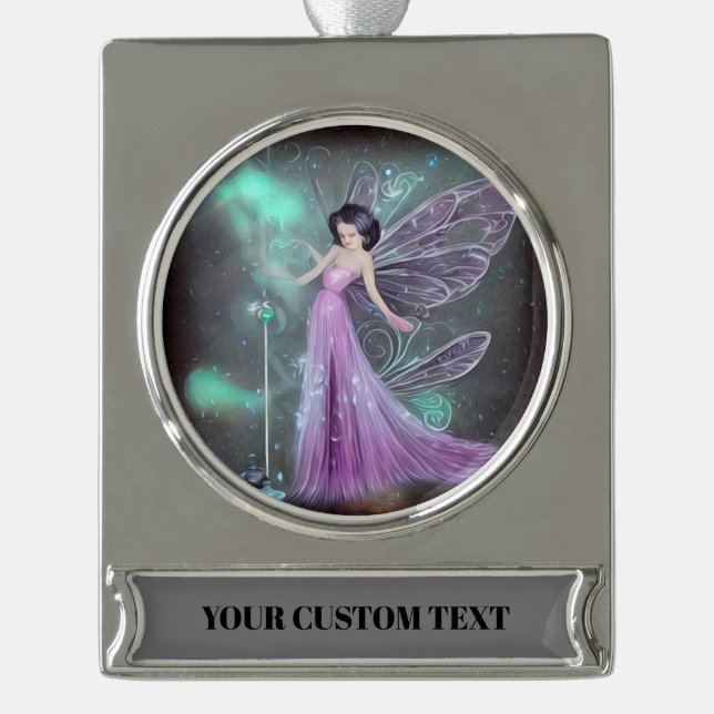 Painted Purple Dress Fairy Silver Plated Banner Ornament (Front)