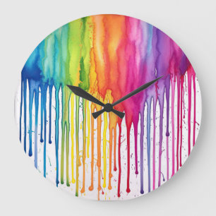 Painted Rainbow Watercolour Paint Drips Abstract  Large Clock