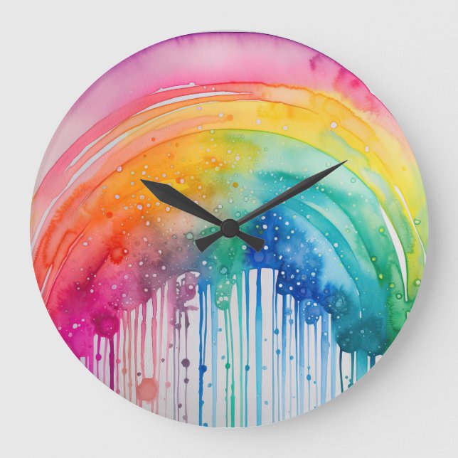Painted Rainbow Watercolour Paint Drips Abstract  Large Clock (Front)