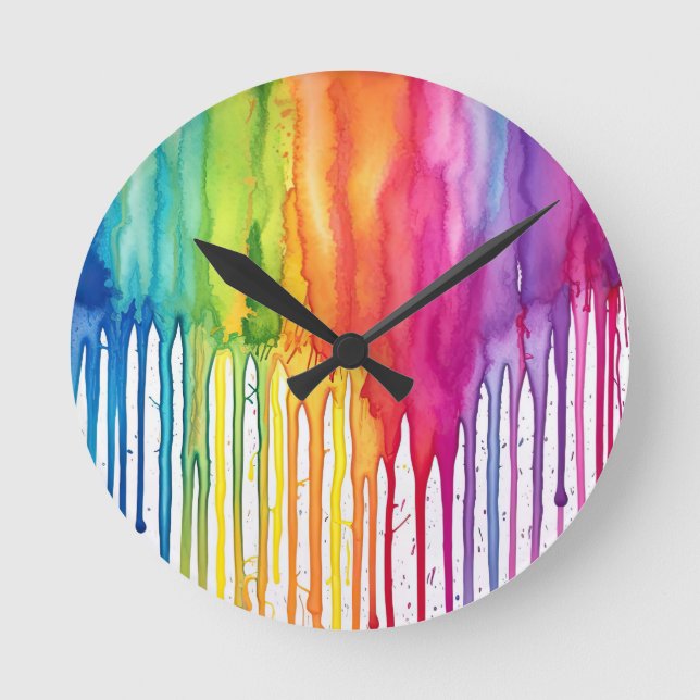 Painted Rainbow Watercolour Paint Drips Abstract  Round Clock (Front)