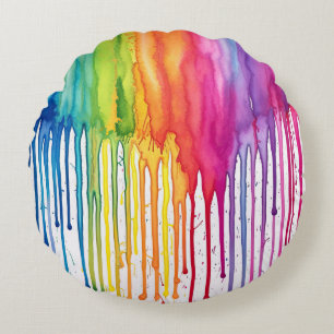 Painted Rainbow Watercolour Paint Drips Abstract  Round Cushion