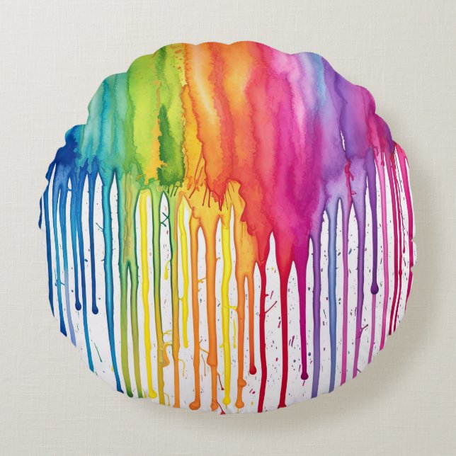 Painted Rainbow Watercolour Paint Drips Abstract  Round Cushion (Front)