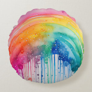 Painted Rainbow Watercolour Paint Drips Abstract  Round Cushion