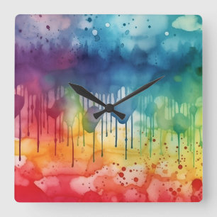 Painted Rainbow Watercolour Paint Drips Abstract  Square Wall Clock