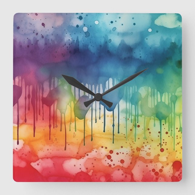 Painted Rainbow Watercolour Paint Drips Abstract  Square Wall Clock (Front)
