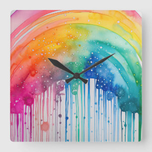 Painted Rainbow Watercolour Paint Drips Abstract Square Wall Clock