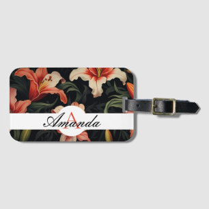 Painted Red & Black Leafy Lily Pattern Monogramed Luggage Tag