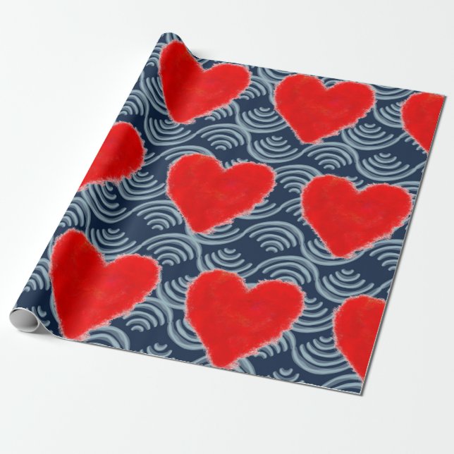 PAINTED RED HEART ON BLUE BACKGROUND GIFT WRAPPING PAPER (Unrolled)