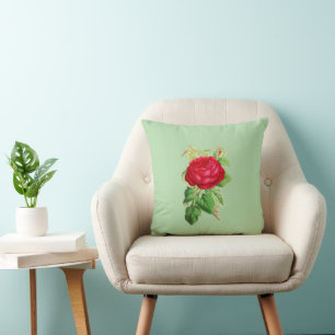 Painted Red Rose on Light Green Cushion