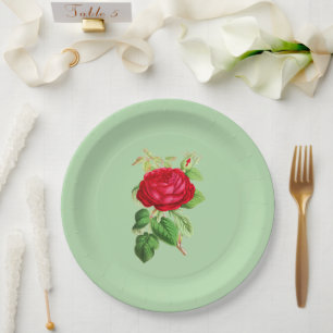 Painted Red Rose on Light Green Paper Plate