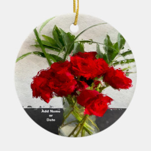 Painted Red Roses on Black and White Background Ceramic Tree Decoration