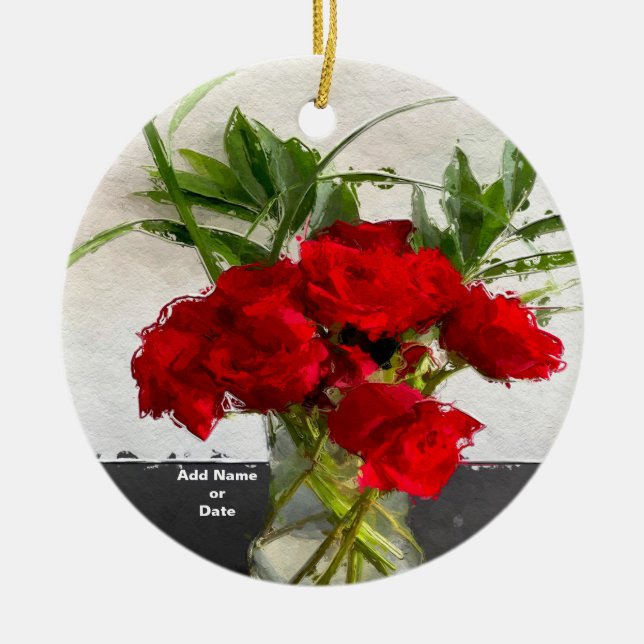 Painted Red Roses on Black and White Background Ceramic Tree Decoration (Front)