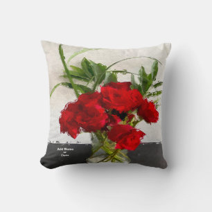 Painted Red Roses on Black and White Background  Cushion